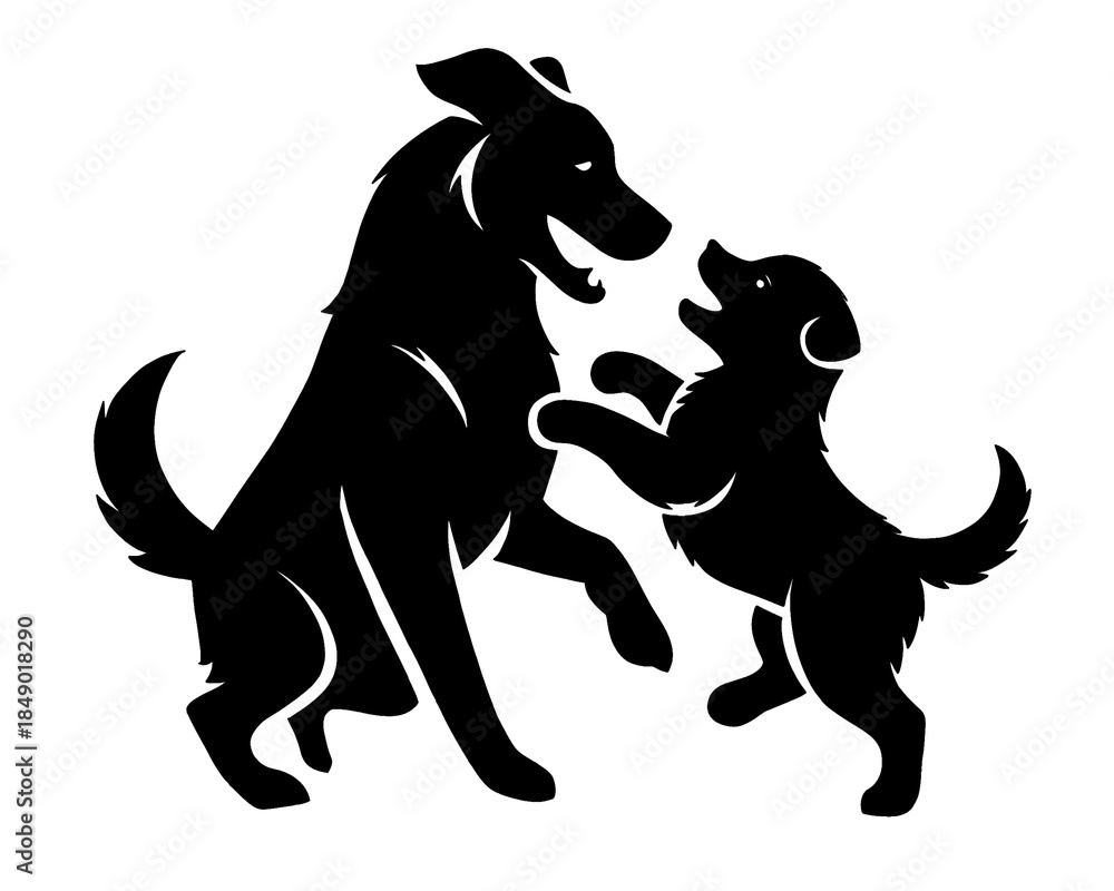 Obraz premium silhouette of a dog playing with its puppy, vector illustration icon isolated on white background 