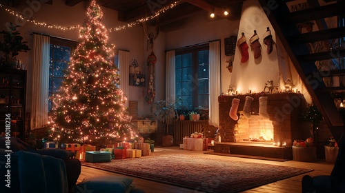 Cozy Christmas Eve Scene with Decorated Tree and Fireplace.