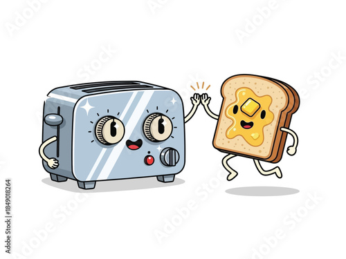 Cute cartoon toaster and happy buttered toast high-fiving, depicting friendship and breakfast fun.