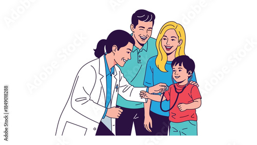 Healthcare Harmony: A caring doctor examines a smiling child alongside their supportive parents, fostering trust and well-being.