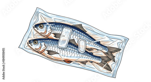 Frozen fish in clear packaging with ice and blue accents  