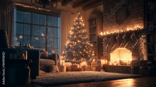 Cozy Christmas Eve scene with fireplace and decorated tree.