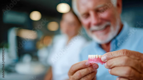 Elderly man smiles while examining new dentures in a bright dental office during a sunny afternoon