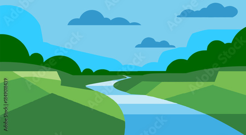 Winding river flowing through green valley vector illustration.