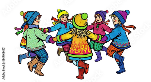 Children performing winter folk dance in colorful traditional costumes  