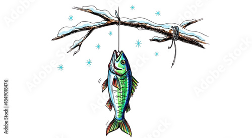 Caught fish hanging on a snowy branch with falling snowflakes  