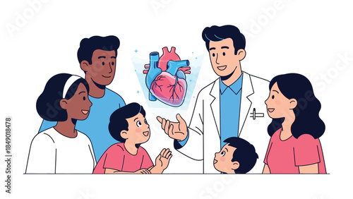 A Doctor Explaining Heart: In an enlightening illustration, a friendly doctor elucidates the intricacies of the human heart to a group, nurturing a deeper understanding of health