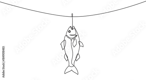 Fish hanging on hook line in minimalistic black and white style  