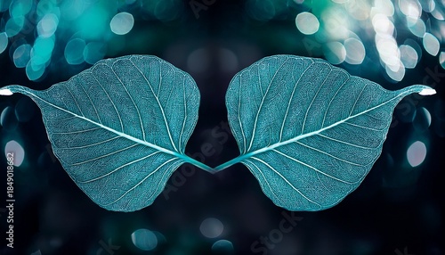two vibrant teal leaves symmetrical against a dark background with bokeh lights