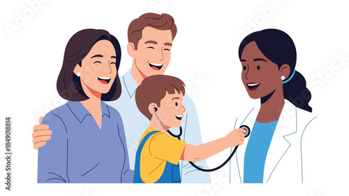 Family's Health: A cheerful family consults with a compassionate doctor. The scene portrays trust, wellness, and the importance of healthcare. 