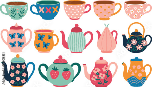 Collection of decorative teapots and cups with floral and fruit patterns coffee drink