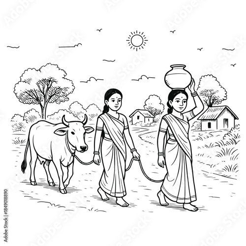 Village_Girls_cow Vector Illustation Digital File  Element