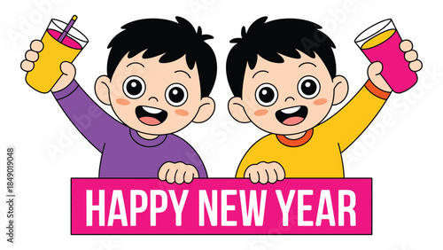  happy new year celebration with cute cartoon twin boys holding colorful drinks, cheerful kids illustration with festive banner isolated on white background for greeting cards and party designs