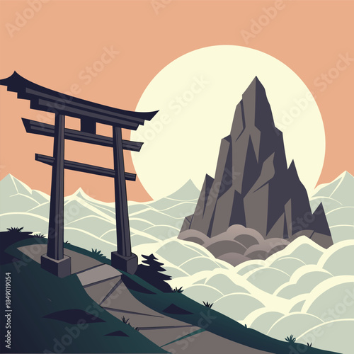 Serene Japanese torii gate on mountain path at sunset