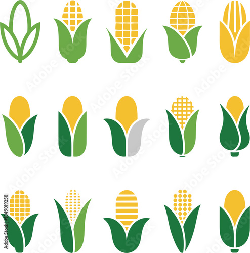 Collection of stylized corn cob icons in green and yellow flat design maize ear of corn