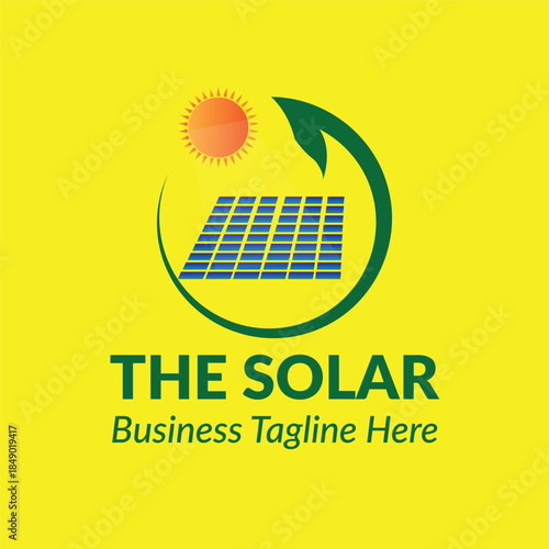 Green solar panel logo with sun and leaf on yellow background