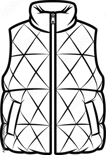 Isolated black and white line art illustration of a quilted puffer vest