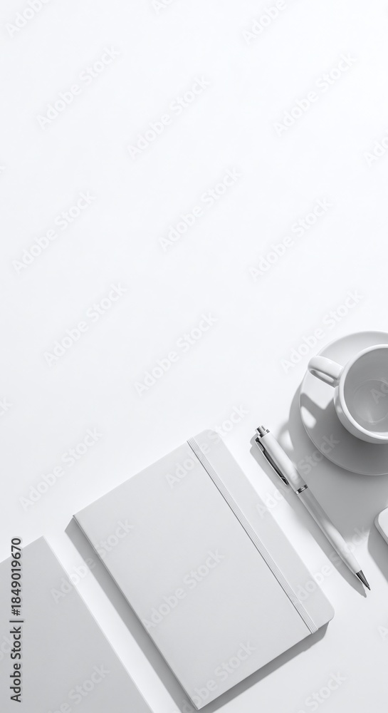Fototapeta premium Minimalist Workspace with Stationery and Coffee Cup on White Background