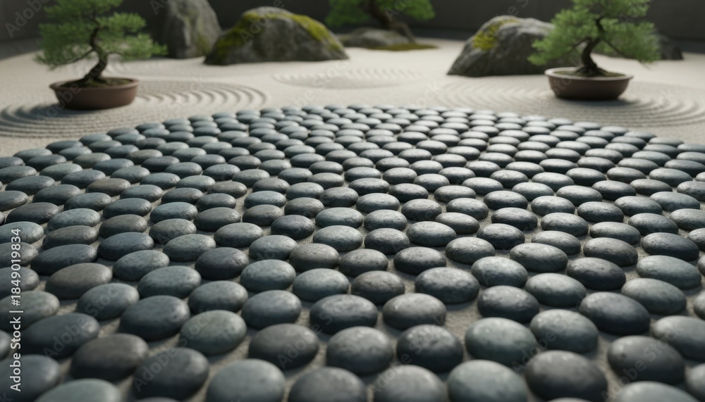 Obraz premium A tranquil Zen garden scene featuring meticulously arranged stones and raked sand patterns.
