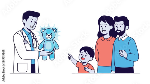 The Pediatrician's Care: A comforting illustration of a pediatrician presenting a cuddly bear to a young patient, parents watching. conveying sense of trust and care.