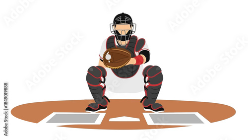 Baseball Catcher Ready to Receive Pitch at Home Plate in Uniform with Protective Gear and Mitt Vector Illustration baseball