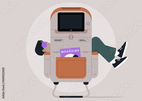 A traveler finds comfort in the cozy airplane seat, deeply asleep with a sleeping mask on, The serene atmosphere captures a moment of bliss during flight