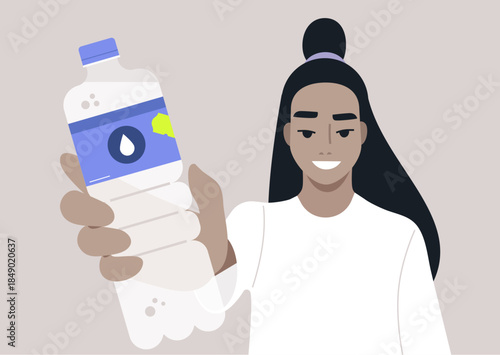 A young smiling character holds up a bottle of water, they encourage everyone to drink more water to stay hydrated and maintain optimal health during a sunny day