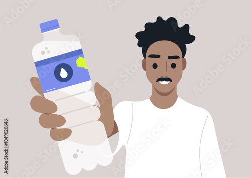 A young smiling character holds up a bottle of water, they encourage everyone to drink more water to stay hydrated and maintain optimal health during a sunny day
