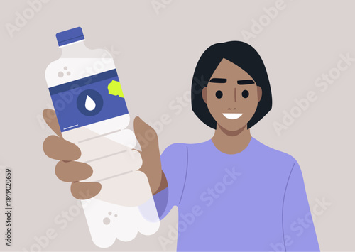 A young smiling character holds up a bottle of water, they encourage everyone to drink more water to stay hydrated and maintain optimal health during a sunny day