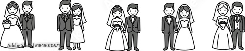 Cute Cartoon Wedding Couple Character Set Featuring Bride and Groom in Various Poses for Marriage Invitation Anniversary Greeting and Bridal Art