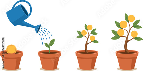 Money Growth Concept with Watering Can and Potted Plants finance investment