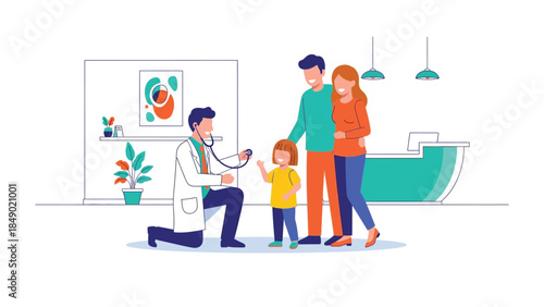 Healthcare Harmony: A caring doctor conducts a checkup for a child with her parents, creating a warm, safe, and nurturing environment of health and wellness.