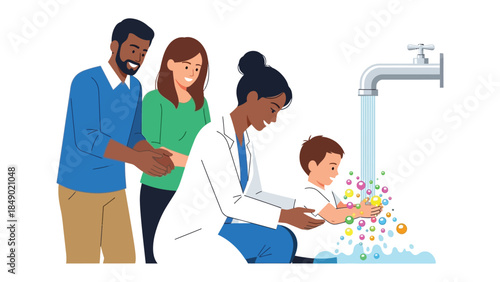 Hand Washing Scene: A pediatrician guides a child in handwashing under the watchful eyes of a caring family, promoting health.