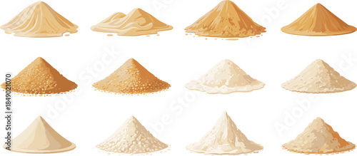 Piles of different types of sand and powders in various colors heap granular