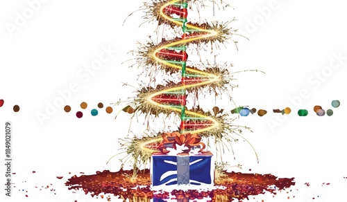 Gift box with sparklers creating a festive spiral on a dark bokeh background