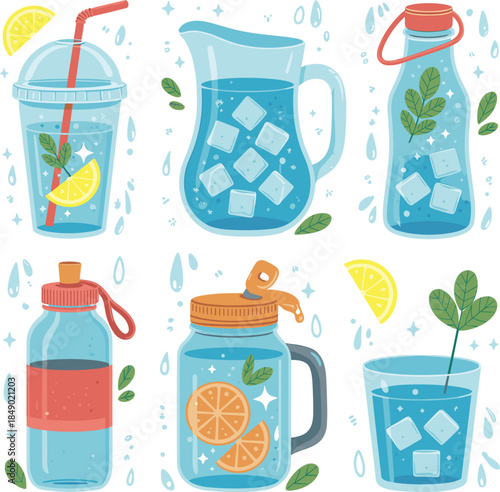 Refreshing Drinks and Summer Beverages Collection with Ice and Fruit cool