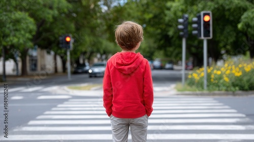 Young child standing at crosswalk waiting for green light, showing urban caution pedestrian and childhood safety