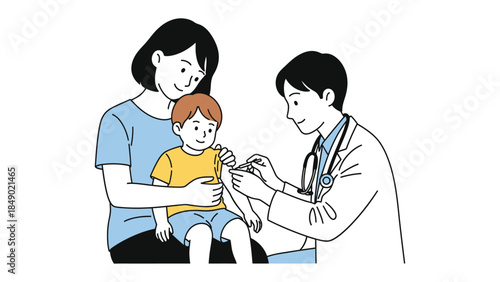 Medical Care for Children: A doctor gives a shot to a child. The child is being comforted by his mother. It depicts a clinic with a medical professional and a patient, highlighting compassion, care.