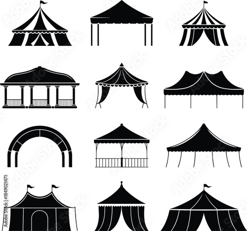 Silhouette Collection Of Various Tents And Canopies On White Background canopy shelter