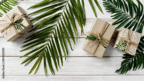 Tropical Greenery and Presents Holiday Concept