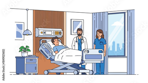 Healthcare Harmony: A caring medical team, with doctor and nurse, stands by the patient bed in a clean and well-lit hospital room. A serene scene.