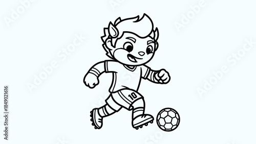 Energetic Cartoon Boy Mascot Kicking a Football on Isolated White Background