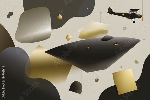 Golden and Black Abstract Aviation Scene. Artistic aeronautical composition.