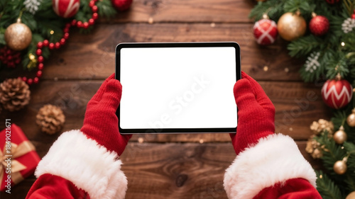 Santa hands holding tablet with blank screen on wooden background with Christmas decorations