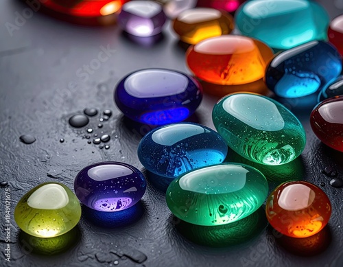 Smooth, colorful glass gems on a dark, wet surface