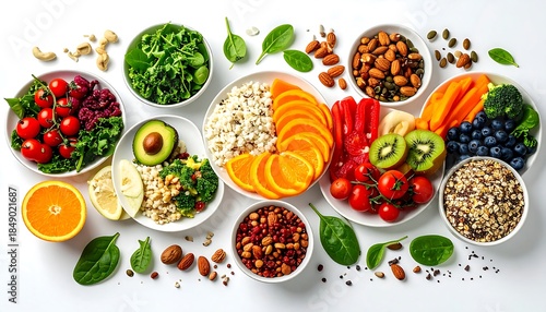 Balanced diet concept with fruits vegetables grains high resolution picture