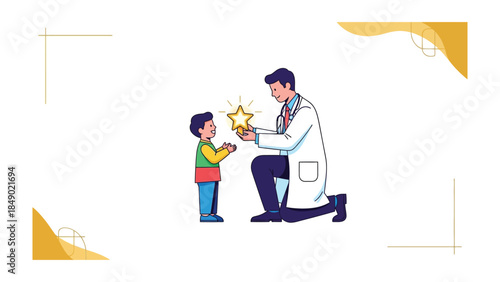 The Gift of Compassion: A doctor kneels to present a glowing golden star to a child, symbolizing care, dedication, and the importance of health in a gesture of empathy and support.