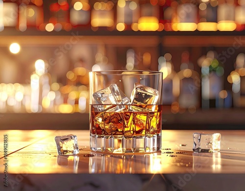 Whiskey with ice in a glass, bar background