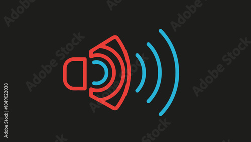 Modern speaker volume icon with vibrant red and blue sound waves on a dark background