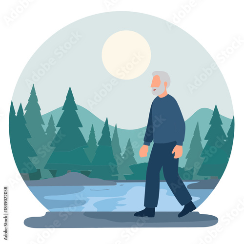 Elderly man on nature walk. Senior hiking in forest. Older person enjoying outdoors. Elderly man walking in rain. Elderly set